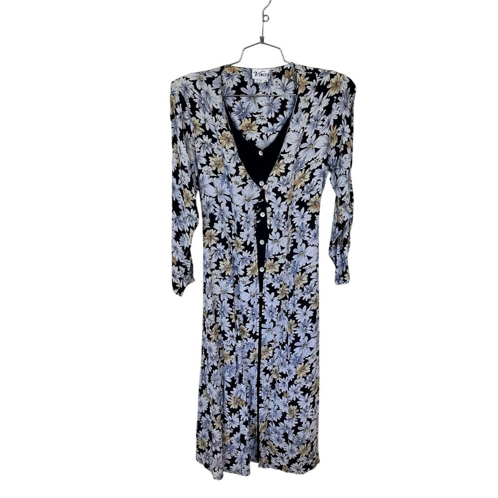Womens Long Sleeve Rayon Daisy Midi Dress Medium Full Button Vintage Vinta India